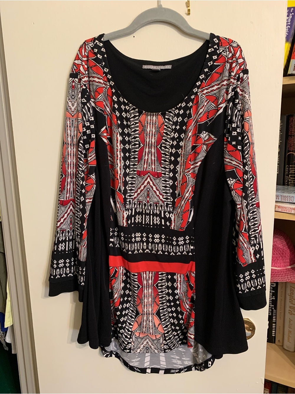 Valerie Stevens Black, Red and White Geometric Long-Sleeve Tunic